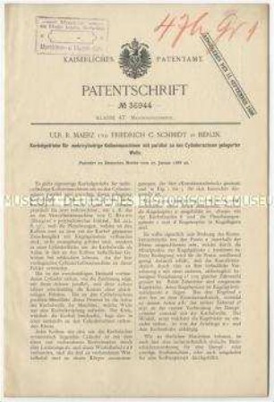 Patentschrift eines Kurbelgetriebes für mehrzylindrige Kolbenmaschinen mit parallel zu den Achsen gelagerten Wellen, Patent-Nr. 36944