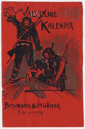 Umschlagentweurf für den Valvoline-Kalender 1899 von Breymann und Hübner in Hamburg : Umschlagentweurf für den Valvoline-Kalender 1899 von Breymann und Hübner in Hamburg. Tuschezeichnung auf rotem Buntpapier; 14,8 x 9,6 cm (1899; M. Molitor). Dresden: SLUB Mscr.Dresd.App.2000,562