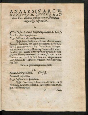 Analysis Argumentorum, Quibus Matthias Flac: Illyricus probare conatur, Peccatum Originis esse substantiam.