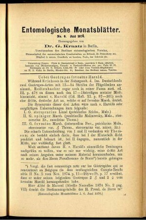 Entomologische Monatsblätter. No. 6. Juni 1876