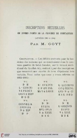 Sér. 3: Inscriptions recueillies en divers points de la province de Constantine : (années 1883 et 1884)