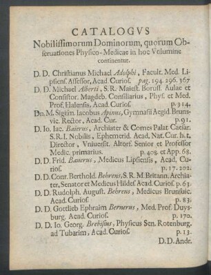 Catalogus Nobilissimorum Dominorum, quorum Obseruationes Physico-Medicae in hoc Volumine continentur