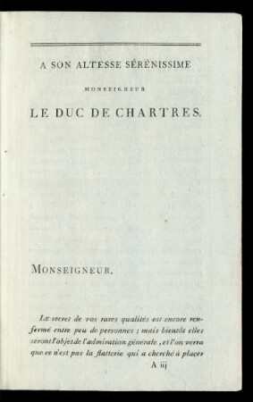 A Son Altesse Sérénissime Monseigneur Le Dic De Chartres.