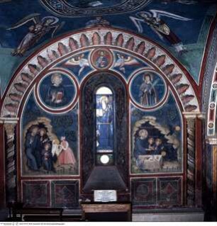 Christus Pantocrator mit den heiligen Benedikt und Scolastica, Eine Frau legt den vergifteten Brotleib von Padre Fiorenzo in einen Korb; Der heilige Benedikt befiehlt einem Raben, den vergifteten Brotlaib wegzutragen