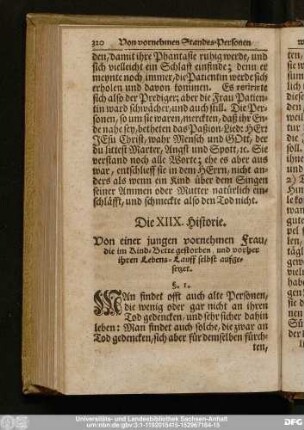 Die XIIX. Historie. Von einer jungen vornehmen Frau, die im Kind-Bette gestorben, und vorher ihren Lebens-Lauff selbst aufgesetzet.