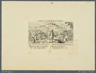 Weinlese und Getreideernte, mit einer Darstellung von Asberg in Württemberg und Sinnspruch, aus: Thesaurus philopoliticus von Daniel Meisner
