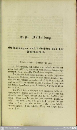 Erste Abtheilung. Erklärung und Lehrsätze aus der Arithmetik