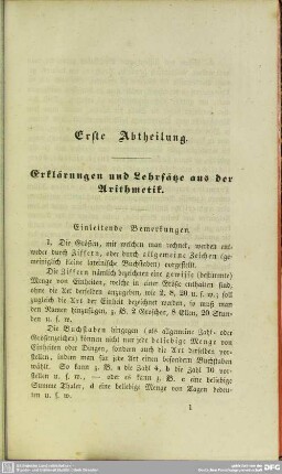Erste Abtheilung. Erklärung und Lehrsätze aus der Arithmetik
