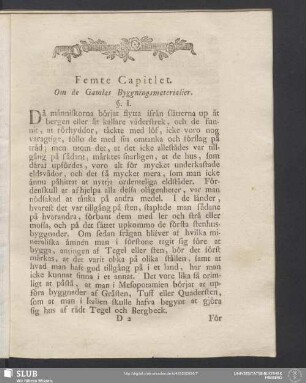 Femte Capitlet. Om de Gamlas Byggningsmaterialier