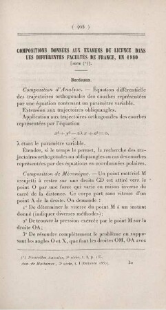 Compositions données aux examens de licence dans les différentes Facultés de France, en 1880.
