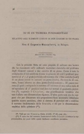 Su di un teorema fondamentale relativo agli elementi comuni di due coniche in un piano.
