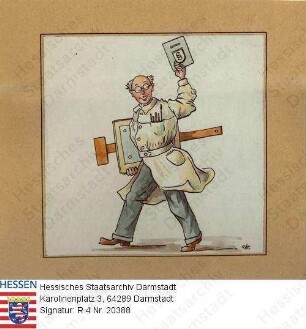 Massoth, Georg (1895-1956) / Porträt, Selbstbildnis als Beamter, in Kittel, ein Zeichenbrett unter den Arm geklemmt, mit dem anderen Arm ein Paragraphenwerk hochhaltend, Karikatur, Ganzfigur