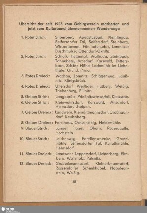 Übersicht der seit 1923 vom Gebirgsverein markierten und jetzt vom Kulturbund übernommenen Wanderwege