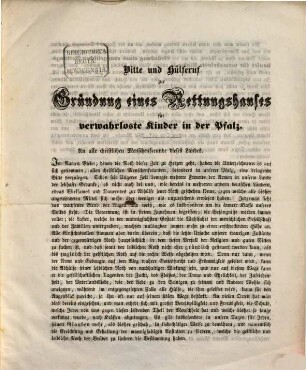 Bitte und Hülfruf zur Gründung eines Rettungshauses für verwahrloste Kinder in der Pfalz ...