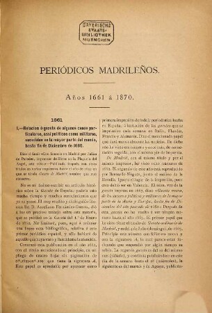 Apuntes para un catálogo de periódicos madrileños desde el año 1661 al 1870