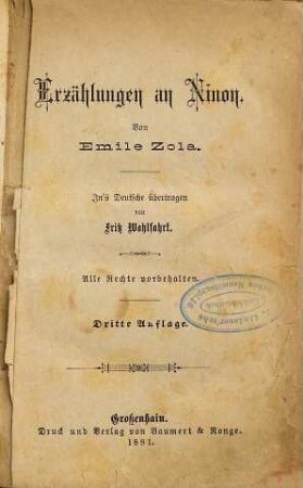 Erzählungen an Ninon : Von Emile Zola. Ins Deutsche übertragen von Fritz Wohlfahrt