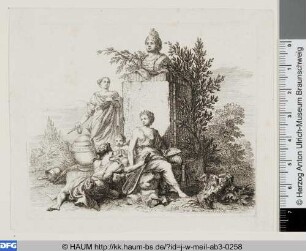 Denkmal mit Büste umgeben von drei Musen und einem Genius