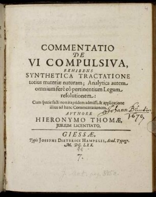 Commentatio De Vi Compulsiva : Exhibens Synthetica Tractatione totius materiae naturam; Analytica autem omnium fere eo pertinentium Legum resolutionem