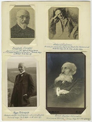 4 Porträts von Mitgliedern der naturwissenschaftlichen Vereinigung "Isis" in Dresden : 4 Porträts von Mitgliedern (Fritz Foerster, Arthur Schloßmann, Hugo Viehmeyer und Ernst Peschel) der naturwissenschaftlichen Vereinigung "Isis" in Dresden, zwischen 1900-1920. Dresden: SLUB Mscr.Dresd.App.1665
