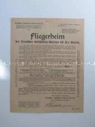 Aufruf zur Geldsammlung für ein Fliegerheim der Deutschen Luftflotte mit Vordruck einer Sammelliste
