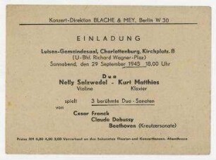 Einladung zu einem Konzert mit Nelly Salzwedel und Kurt Matthies im Luisen-Gemeindesaal, Charlottenburg. Maschinengeschriebener Zusatz von Kurt Matthies