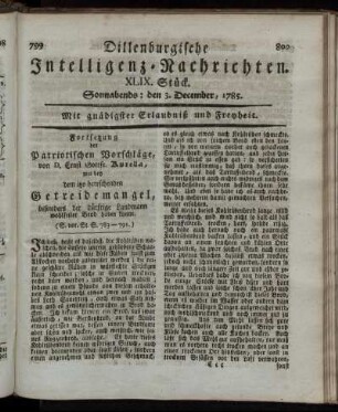 XLIX. Stück. Sonnabends: den 3. December, 1785.