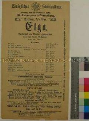 Theaterzettel des Königlichen Schauspielhauses Dresden für eine Aufführung des Dramas "Elga" von Gerhart Hauptmann am 25. September 1905