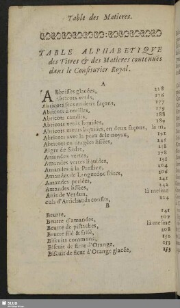 Table Alphabetique des Titres & des Matieres contenues dans le Consiturier Royal