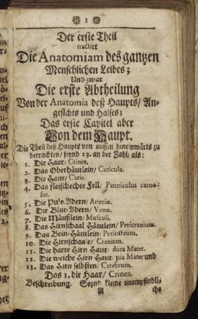 Der erste Theil tractirt Die Anatomiam des gantzen Menschlichen Leibes;[...]