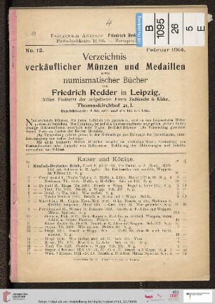 Verzeichnis verkäuflicher Münzen und Medaillen sowie numismatischer Bücher (Katalog-Nr. 12)
