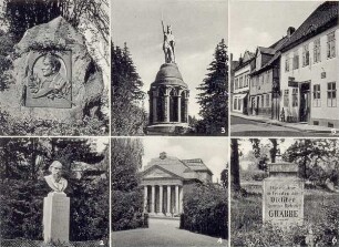 Detmold - Gedenkstätten: 1. Albert Lortzing, 2. Johannes Brahms, 3. Hermannsdenkmal, 4. Landestheater, 5. Freiligraths Geburtshaus, Grabbes Sterbehaus, 6. Ruhestätte Grabbe. Detmold