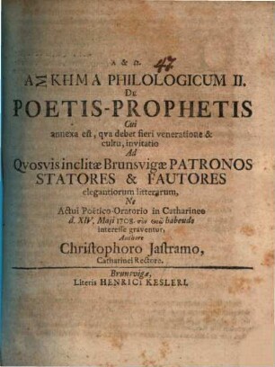 Askēma philologicum, sive commentariolus de poetis prophetis, II. (1707)