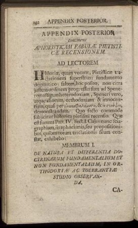 Appendix Posterior continens Aphoristicam Fabulæ Pietisticæ Recensionem