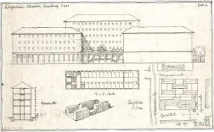Fischer, Theodor; München - Westend, Bergmannstr.; Ledigenheim - Vorentwurf (Lageplan, Grundriss 4. OG u. 5. OG, Ansicht, Perspektive, Querschnitt