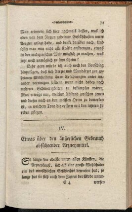 IV. Etwas über den äußerlichen Gebrauch abführender Arzneymittel.