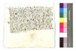 Hans von Bachenstein weist alle Leibeigenen zu Döttingen, Jungholzhausen und Goggenbach an Kraft von Hohenlohe; Siegel: Hans von Bachenstein.