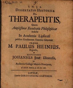 Dissertatio Historica De Therapeutis