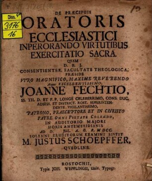 De Praecipuis Oratoris Ecclesiastici Inperorando Virtutibus Exercitatio Sacra