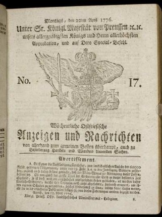 No. 17. Montags, den 22ten April 1776.