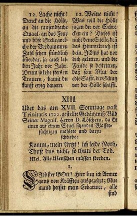 XIII. Uber das am XVII. Sonntage post Trinitatis 1722. gestellte Gedächtniß-Bild Seiner Magnif, Herrrn D. Löschers, da Er einen auf einem Stuel sitzenden Wasser-süchtigen mahlete und dazu schriebe:( .... ).