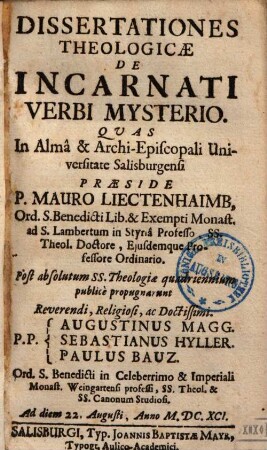 Dissertationes theologicae de incarnati verbi mysterio