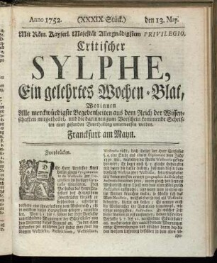 (XXXIX. Stück.) den 13. May. Anno 1752.
