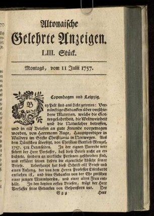 LIII. Stück. Montags, vom 11 Julii 1757