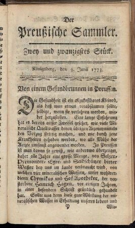 Zwey und zwanzigstes Stück. Königsberg, den 3. Junii 1773.