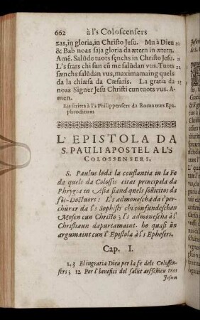 L'Epistola Da S. Pauli Apostel A L'S Colossensers.
