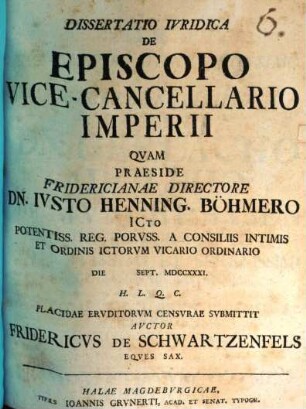 Dissertatio Ivridica De Episcopo Vice-Cancellario Imperii