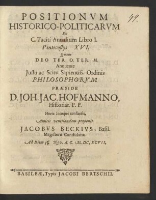 Positionum Historico-Politicarum Ex C. Taciti Annalium Libro I. Pentecostys XVI.