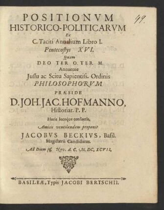 Positionum Historico-Politicarum Ex C. Taciti Annalium Libro I. Pentecostys XVI.