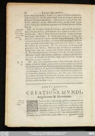 Locus Quintus; De Creatione Mundi, Angelorum & Hominum.