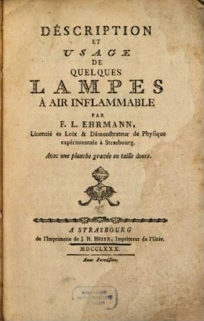 Déscription Et Usage De Quelques Lampes Á Air Inflammable